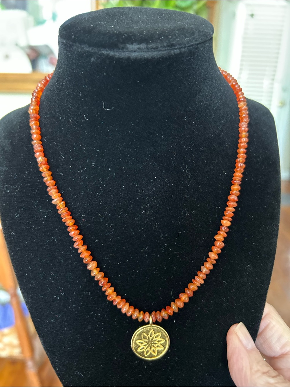 Handmade Carnelian Bead Necklace with Gold Flower Pendant